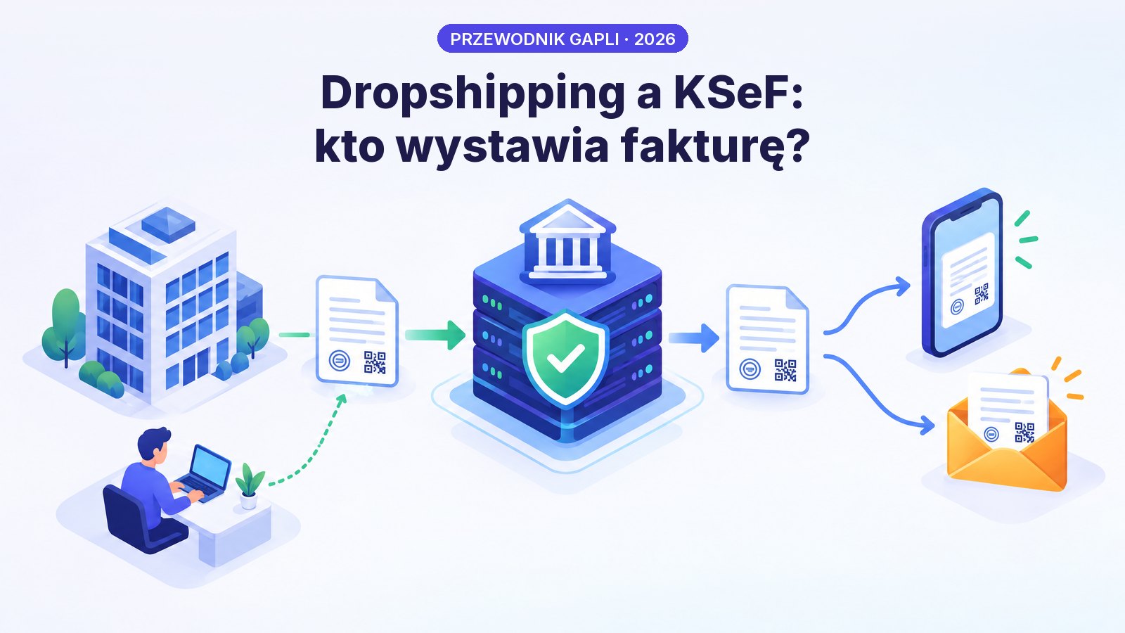 Faktura elektroniczna przechodzi z firmy przez system KSeF do klienta na telefon i e-mail, a sprzedawca wysyła jedną fakturę miesięczną