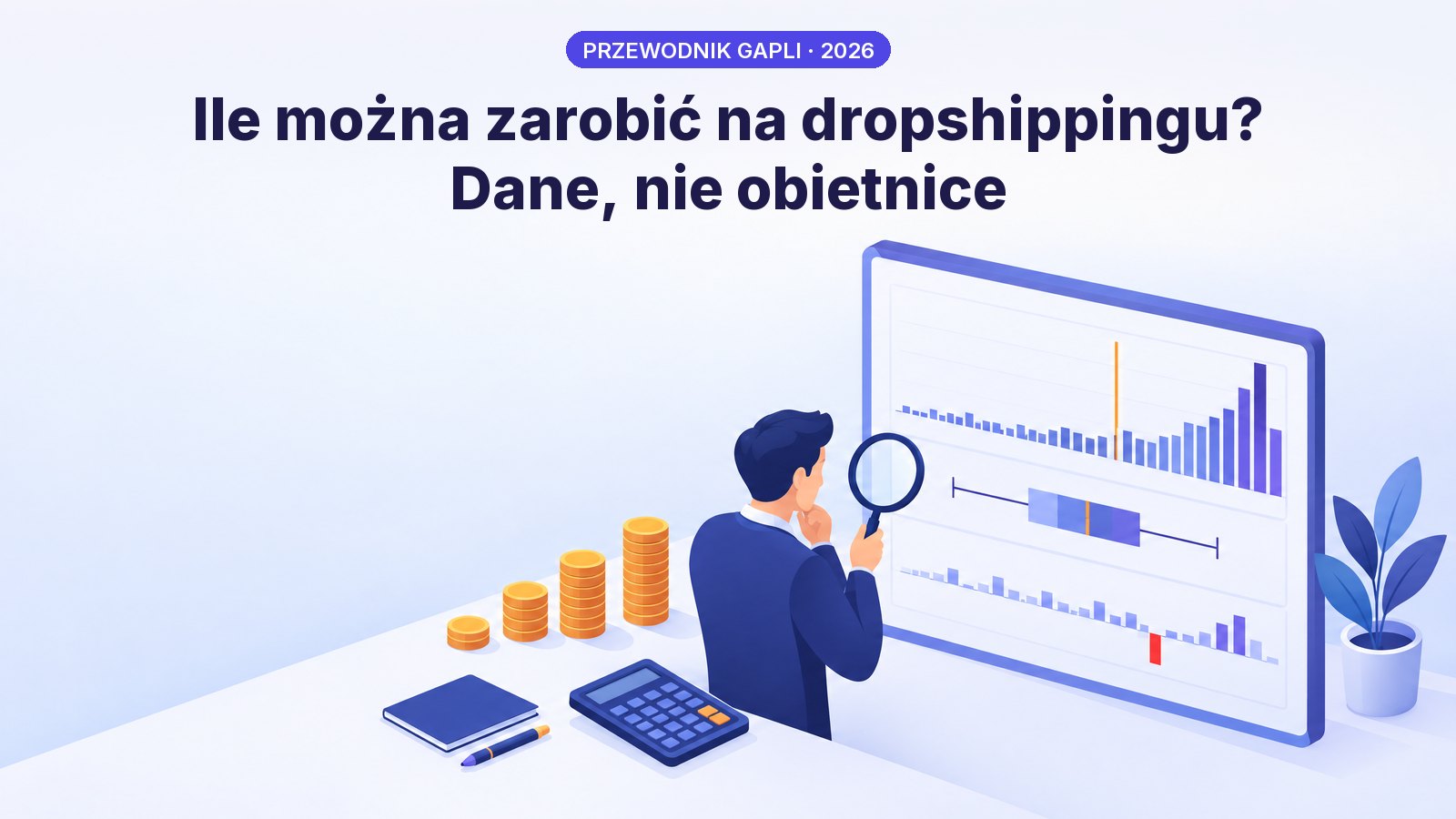 Analityk z lupą ogląda wykres rozkładu zarobków z medianą i stratami — dane o zarobkach w dropshippingu zamiast obietnic