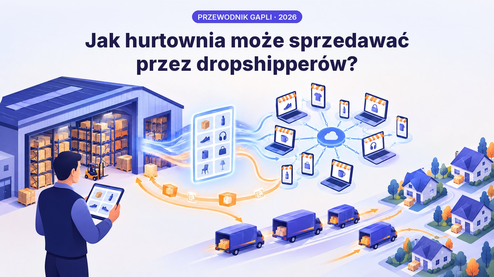Właściciel hurtowni z tabletem, katalog produktów rozsyłany do sieci sklepów internetowych i dostawy z magazynu do klientów