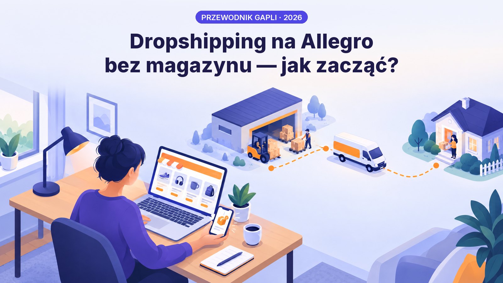 Sprzedawca przy laptopie z ofertami na marketplace i nowym zamówieniem w telefonie, a w tle hurtownia wysyła paczkę prosto do klienta — dropshipping na Allegro bez magazynu